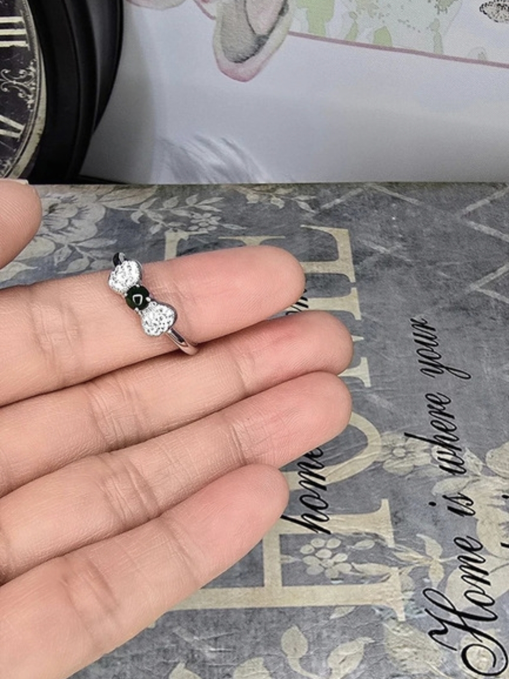 Cutesy Stackable Natural Jade Ribbon Ring Adjustable In Silver